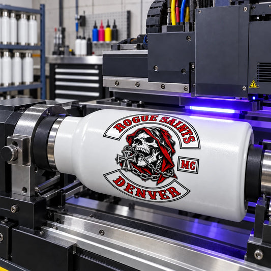 UV printer applying the exact supplied full-color club logo with crisp layered ink to a compatible coated bottle for a motorcycle club.