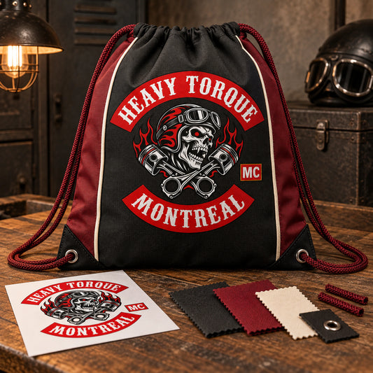 A Heavy Torque Montreal club drawstring bag is displayed with its artwork proof, fabric swatches and cord samples.