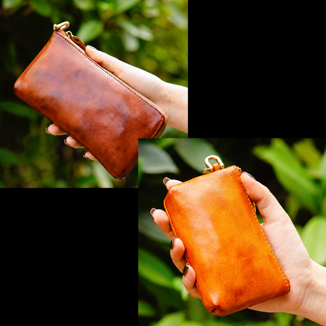 Mocha Long + Yellow Short Set full-grain leather biker phone wallet variant