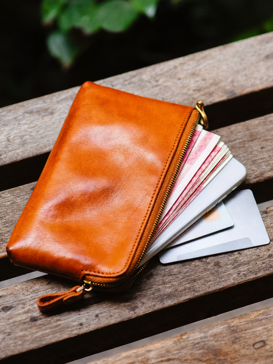 full-grain leather phone wallet capacity for cards cash keys and earbuds