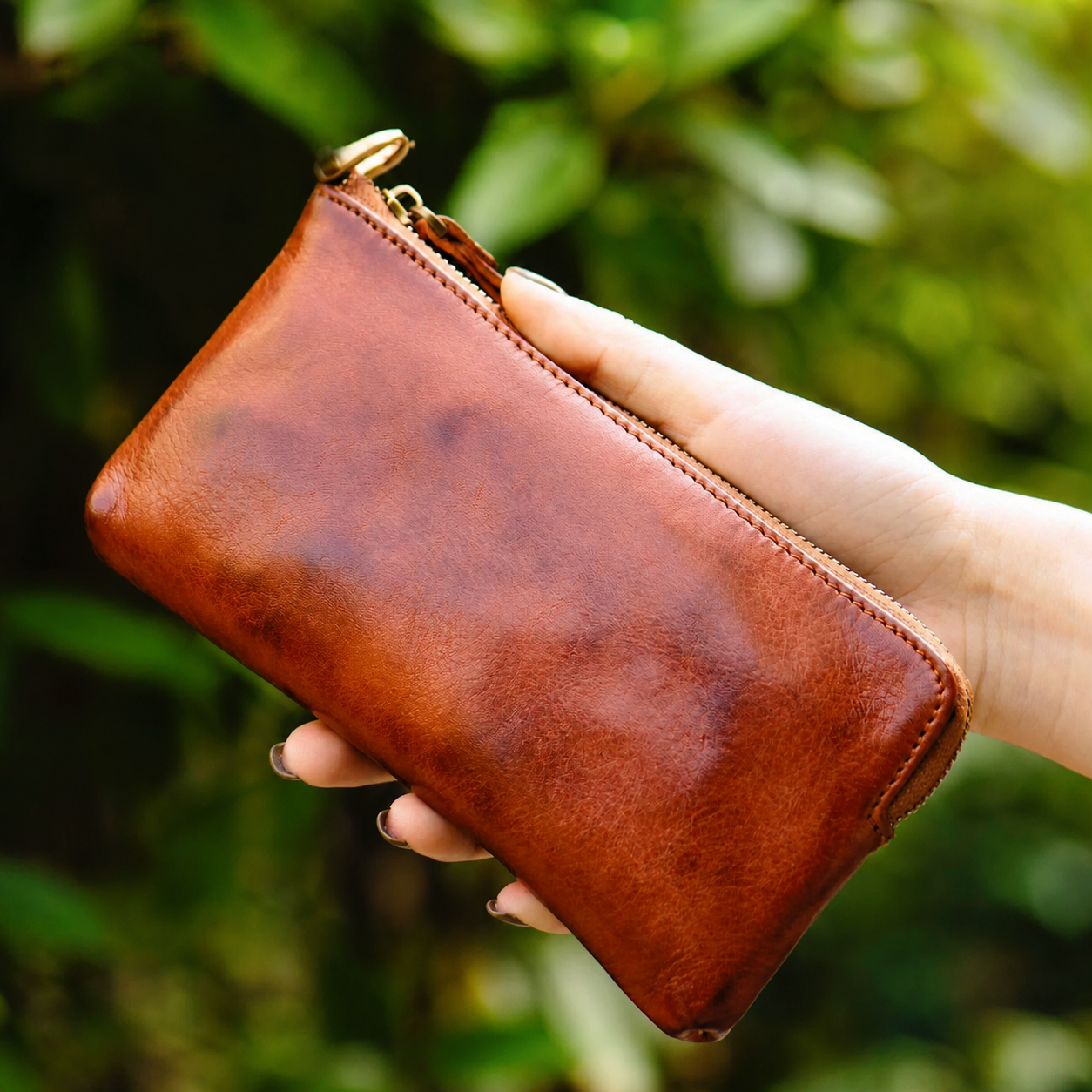 Mocha Brown Long + Neck Strap + Wrist Strap full-grain leather biker phone wallet variant