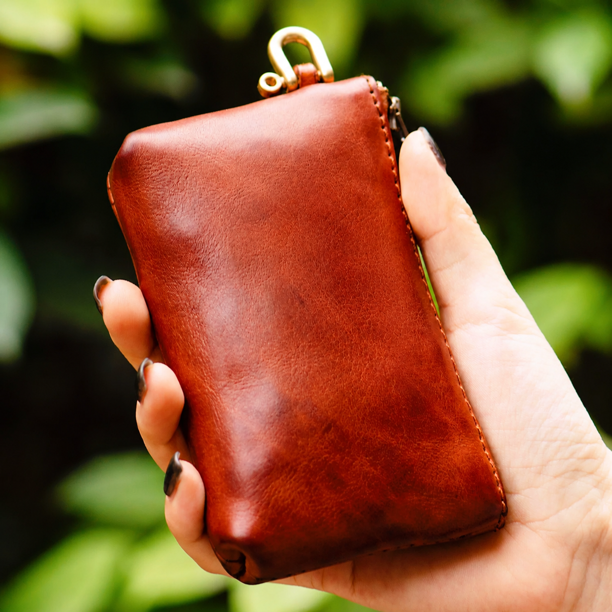 Mocha Brown Short + Neck Strap full-grain leather biker phone wallet variant