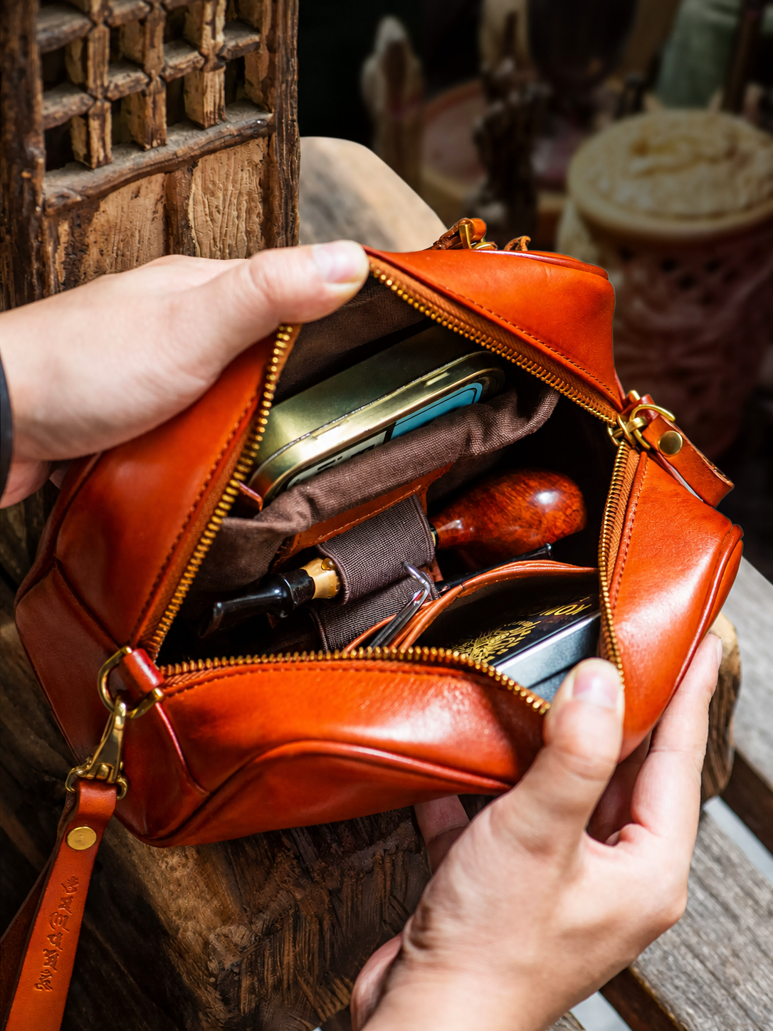 full grain leather biker pipe edc organizer 2