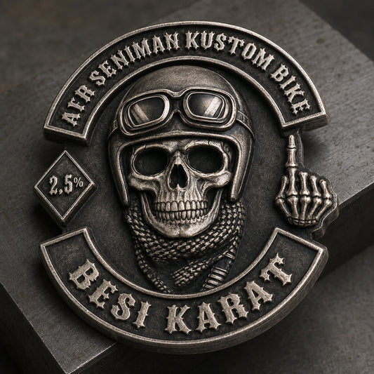 Connected antique silver biker pin with a fully rounded helmeted skull, domed goggles and layered scarf relief on a machinist block.