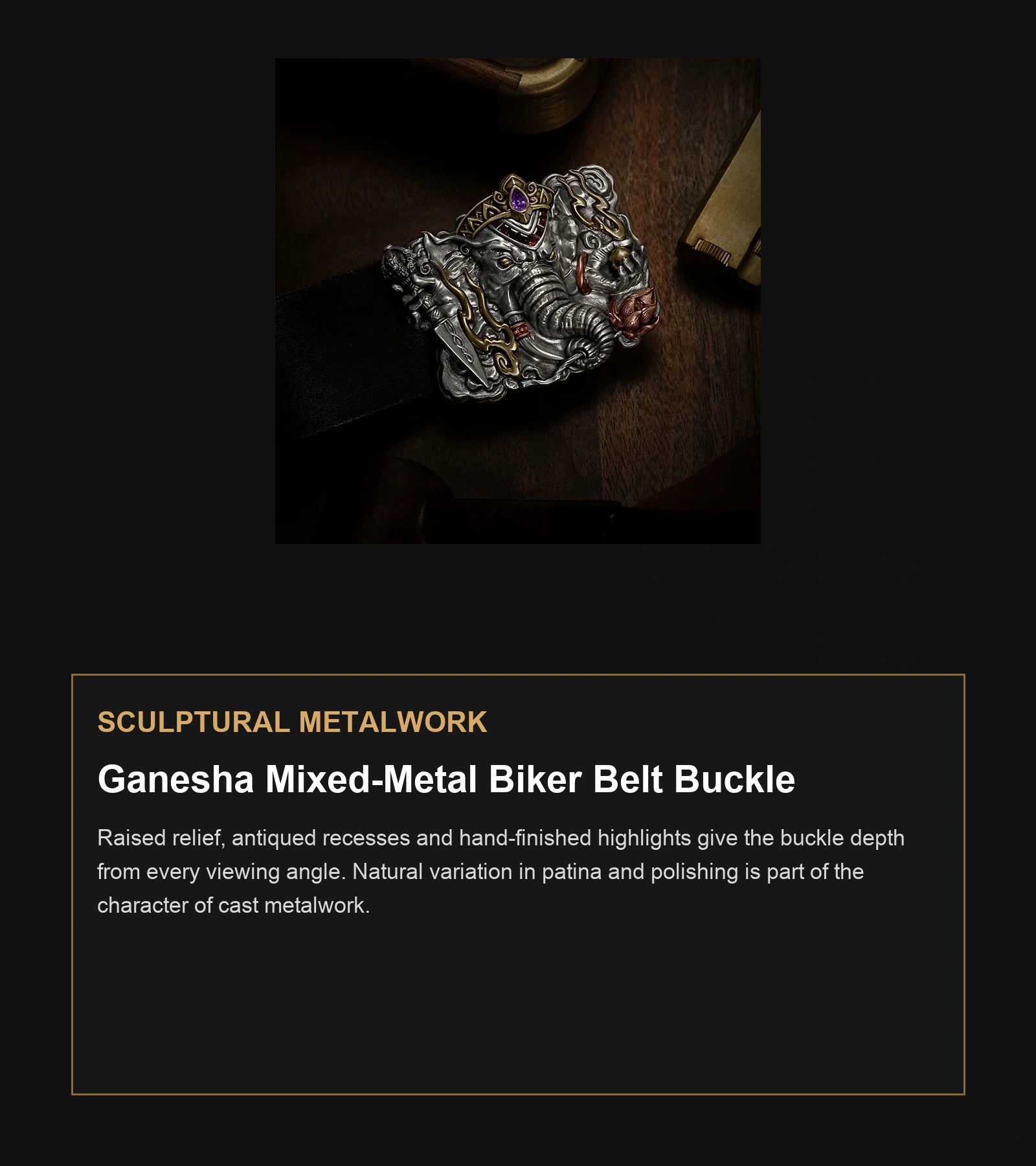 Ganesha Mixed-Metal Biker Belt Buckle craftsmanship guide in English