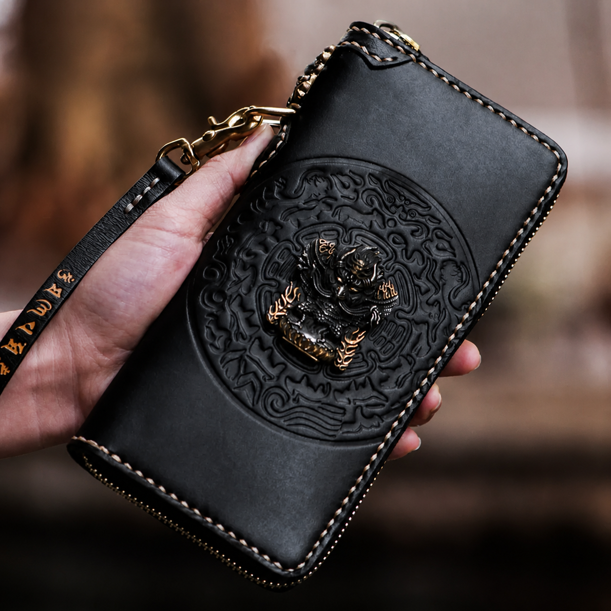 hand-carved golden-winged garuda leather biker wallet garuda leather biker wallet 2