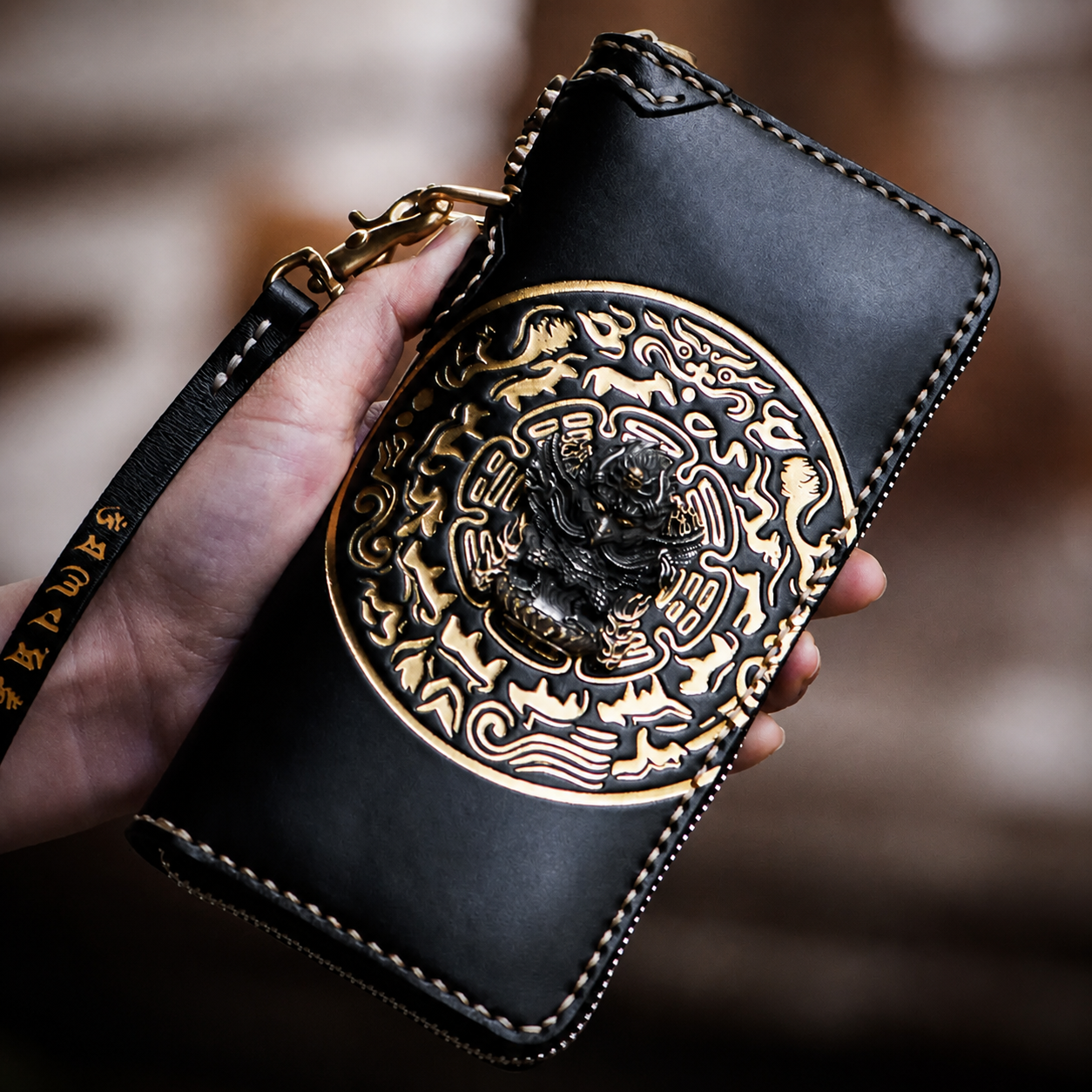 hand-carved golden-winged garuda leather biker wallet garuda leather biker wallet 3