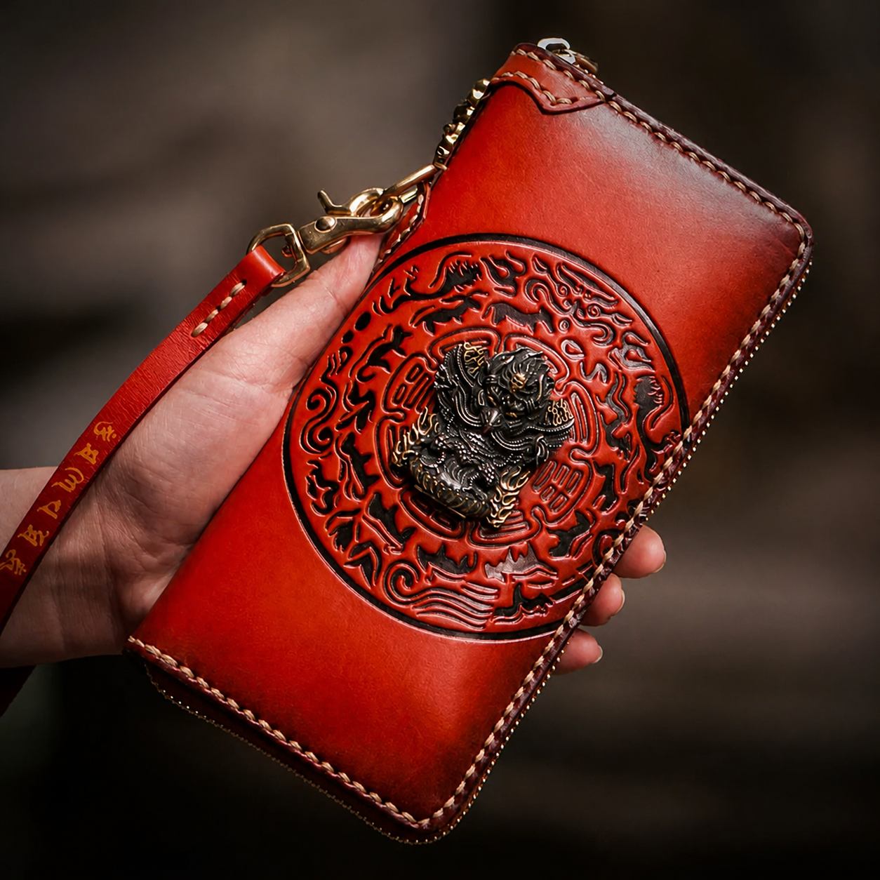 hand-carved golden-winged garuda leather biker wallet garuda leather biker wallet 4