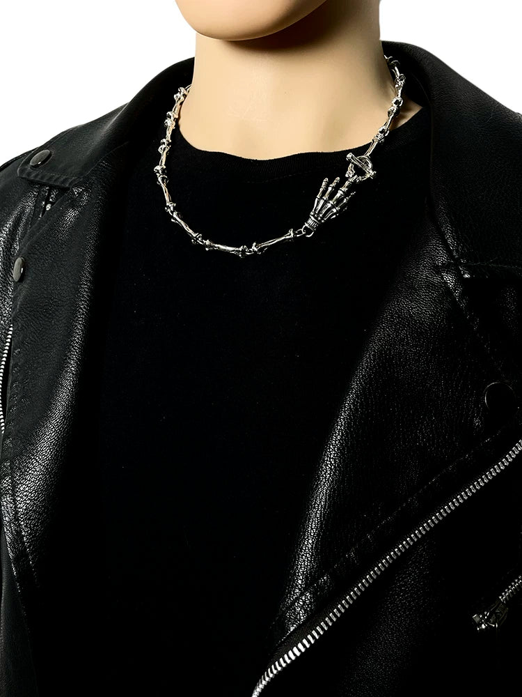Ghost Claw Bone Sterling Silver Biker Necklace worn with leather jacket