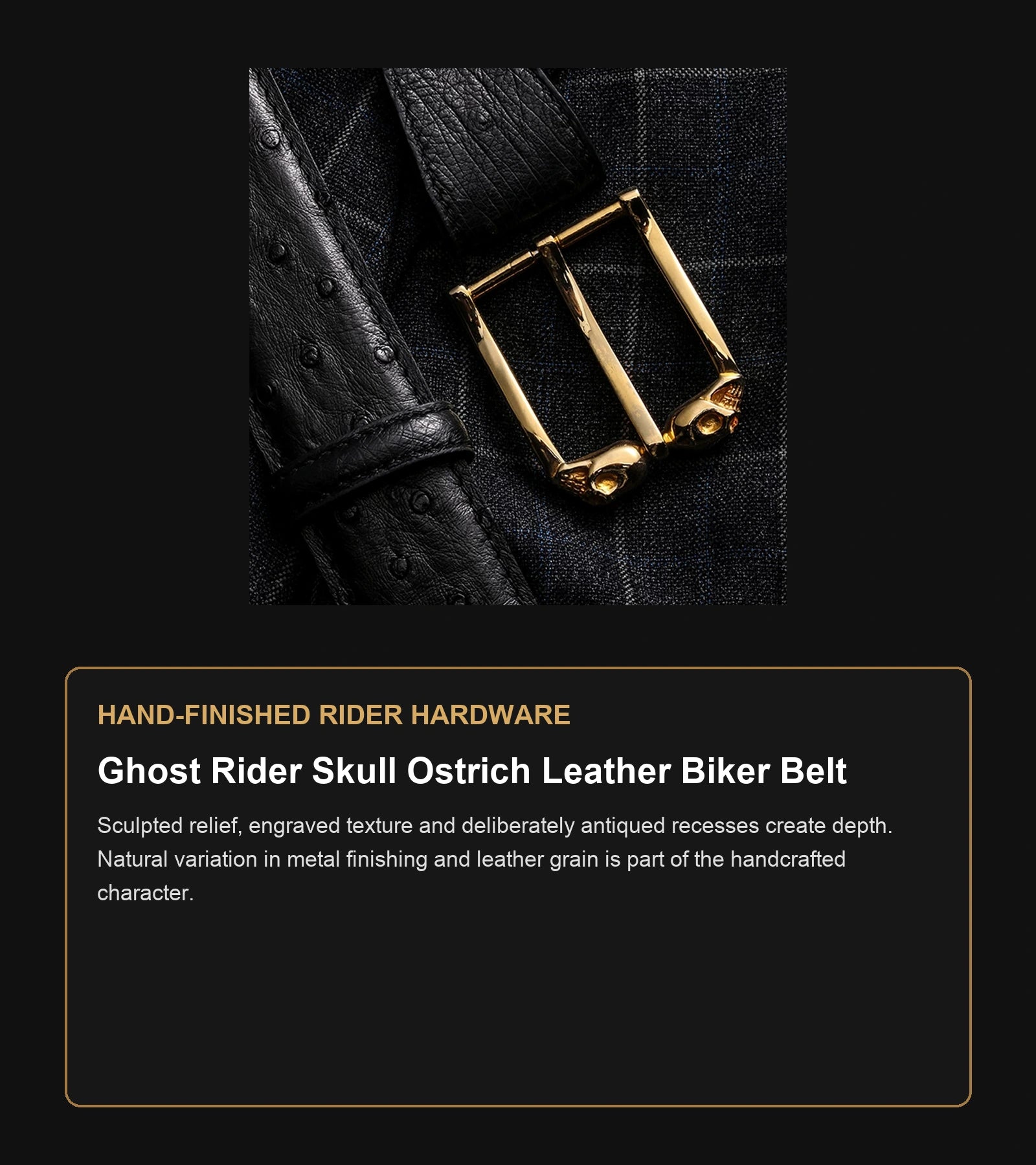 Ghost Rider Skull Ostrich Leather Biker Belt craftsmanship guide in English