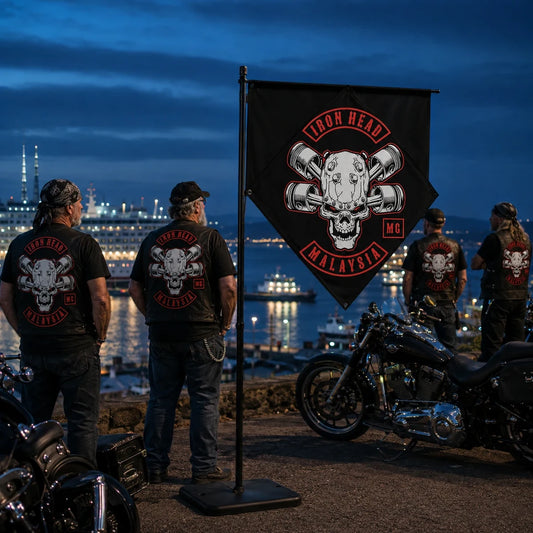 Motorcycle club riders from different regions meeting with chapter flags and riding gear.