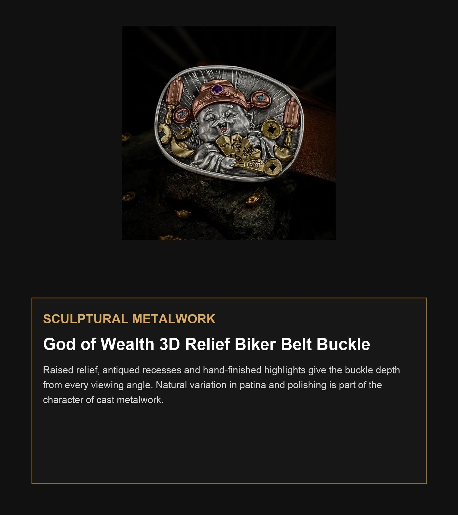 God of Wealth 3D Relief Biker Belt Buckle craftsmanship guide in English