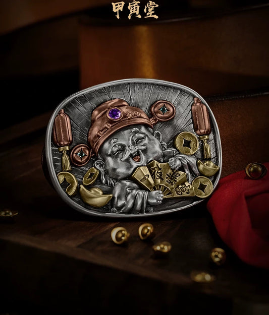 God of Wealth 3D Relief Biker Belt Buckle detail view 1