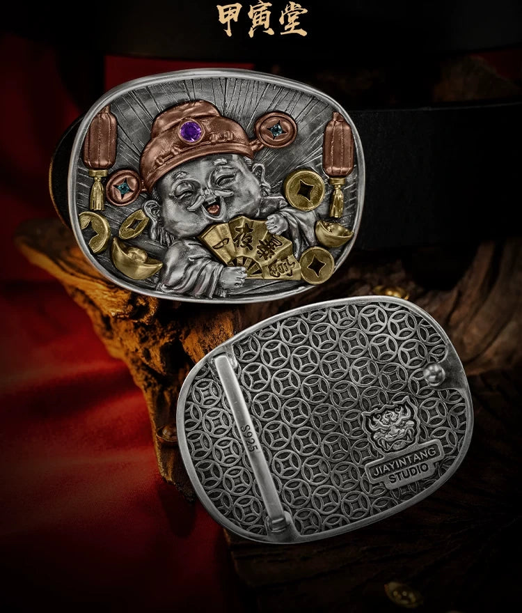 God of Wealth 3D Relief Biker Belt Buckle detail view 2