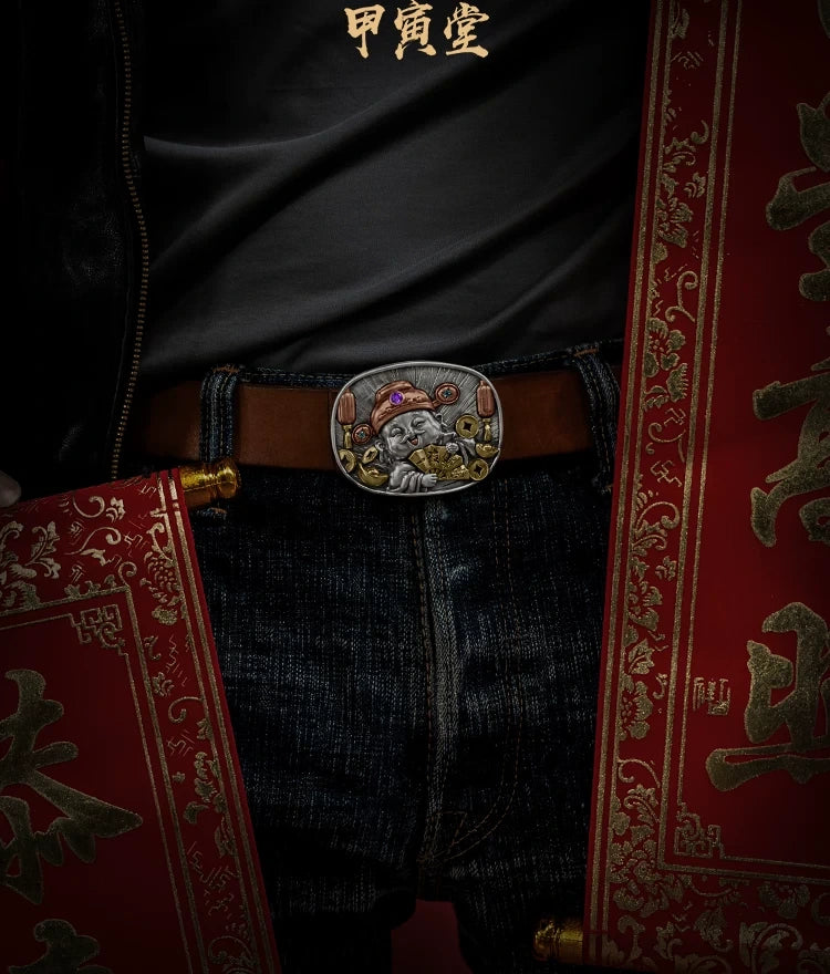 God of Wealth 3D Relief Biker Belt Buckle detail view 3