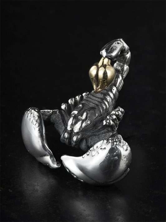Gold-accent scorpion sterling silver biker pendant, front view