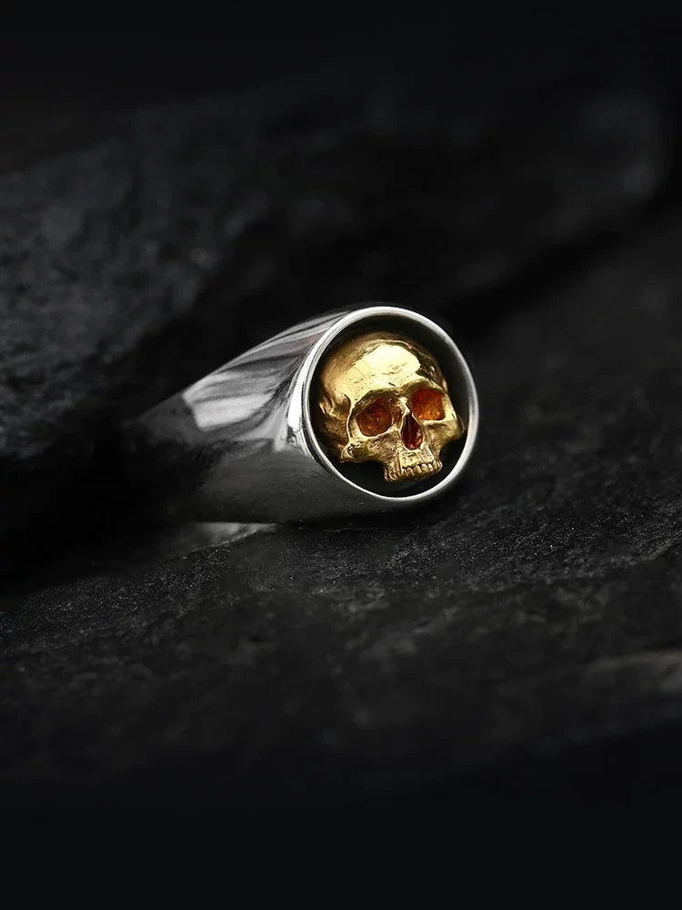 Gold Skull Signet 925 Sterling Silver Biker Ring — view 1