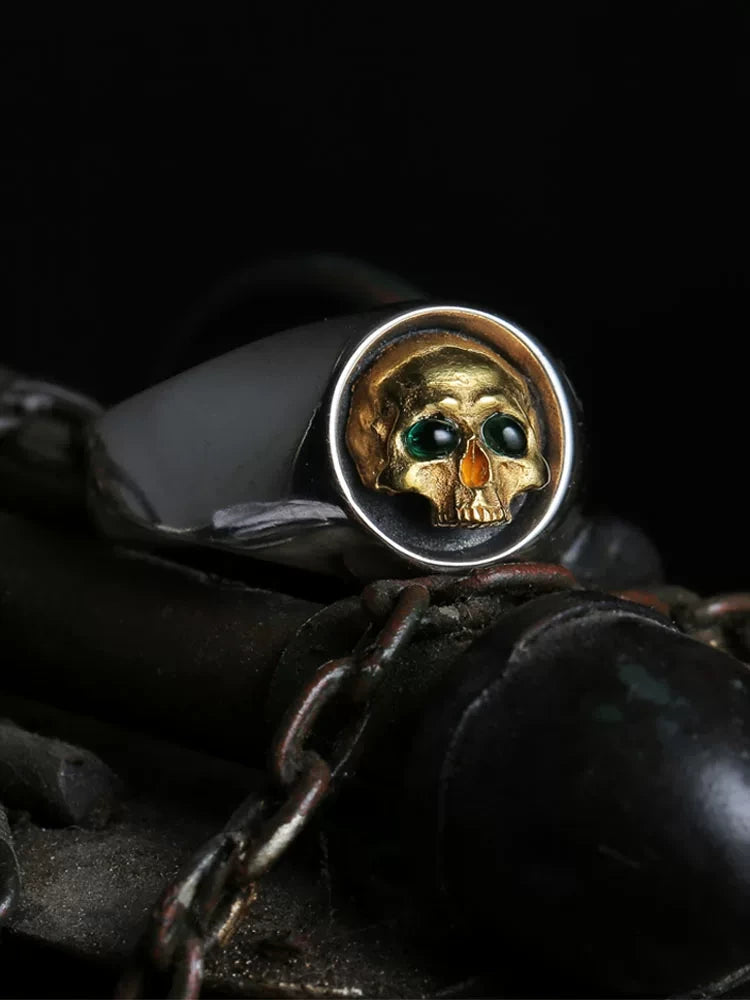 Gold Skull Signet 925 Sterling Silver Biker Ring — view 2