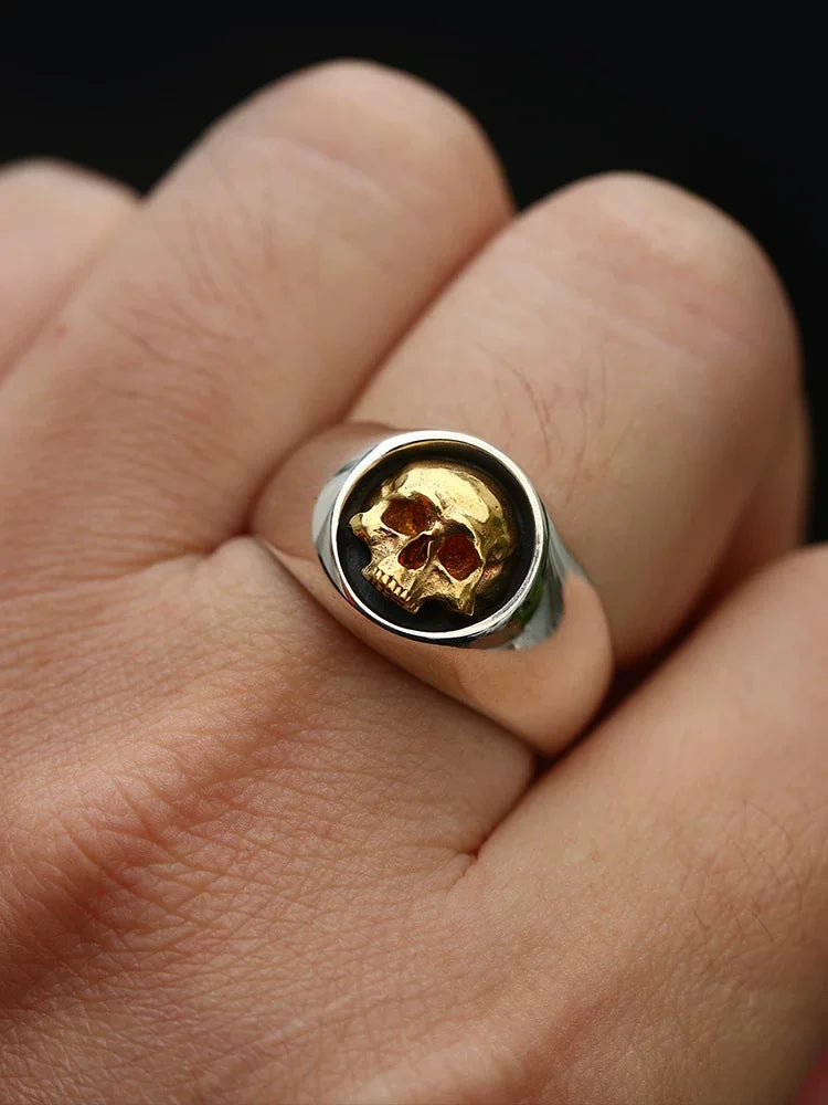 Gold Skull Signet 925 Sterling Silver Biker Ring — view 4