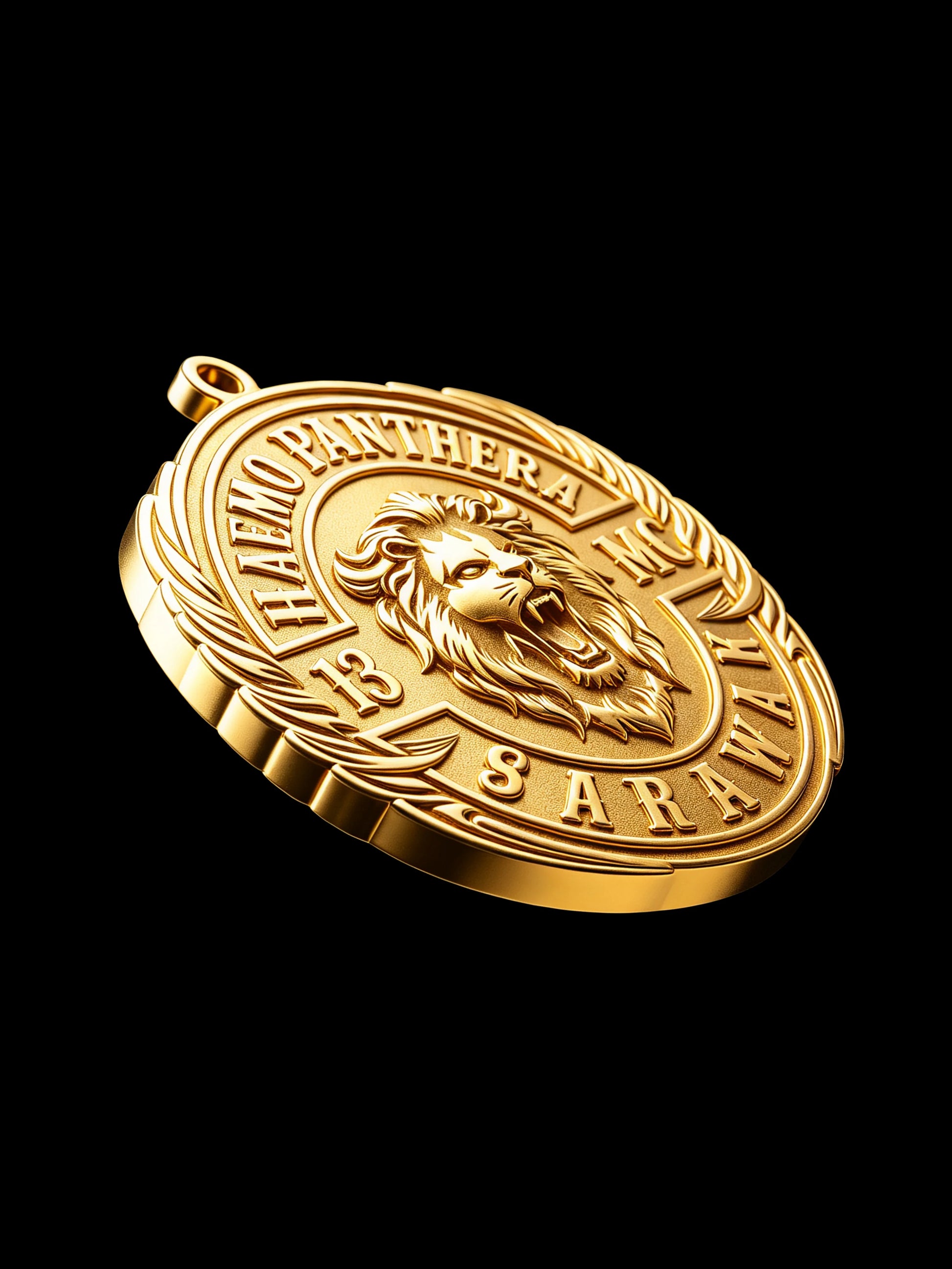 Low-angle gold-tone presentation of a custom lion biker pendant with raised lettering