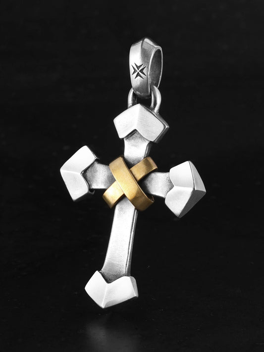 gold-wrapped triangle cross sterling silver biker pendant product view 1