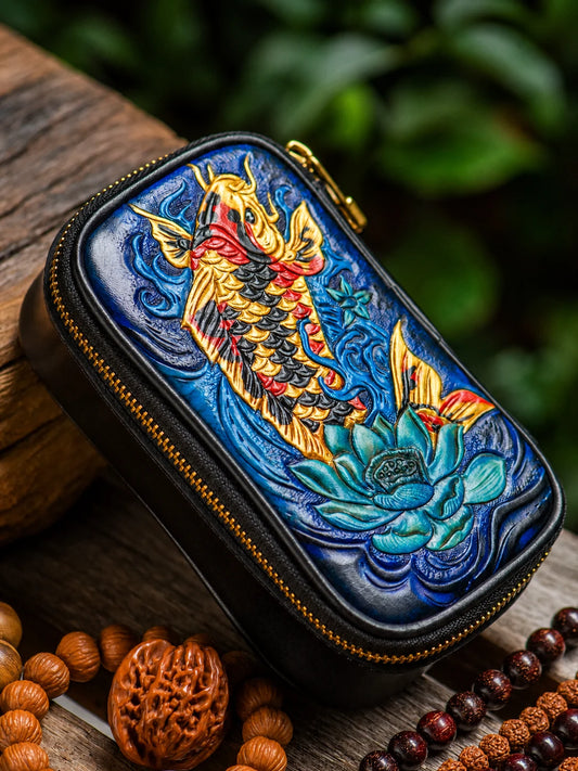 hand-carved golden koi and lotus top-grain leather biker organizer