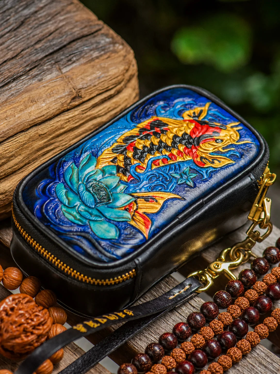 golden koi leather organizer with detachable wrist strap and hardware