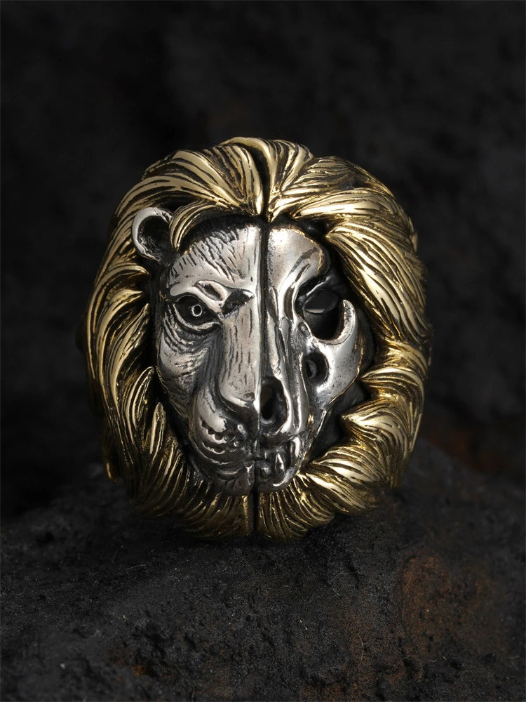Golden Mane Lion Skull 925 Sterling Silver Biker Ring product view 1