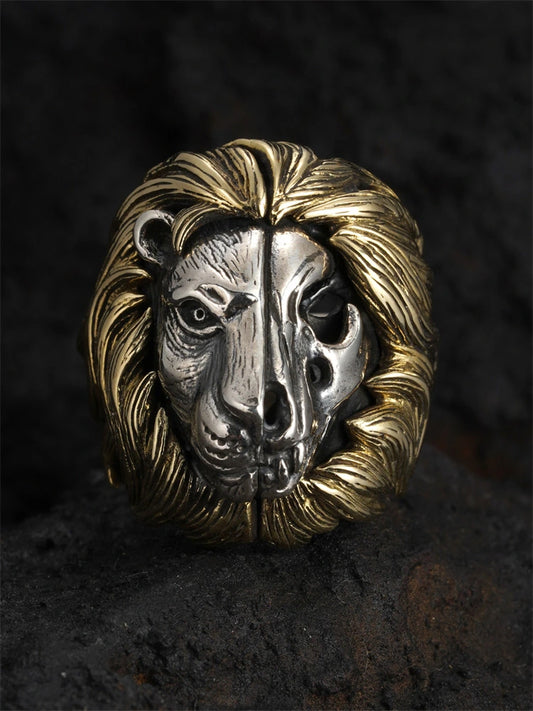 Golden Mane Lion Skull 925 Sterling Silver Biker Ring product view 1