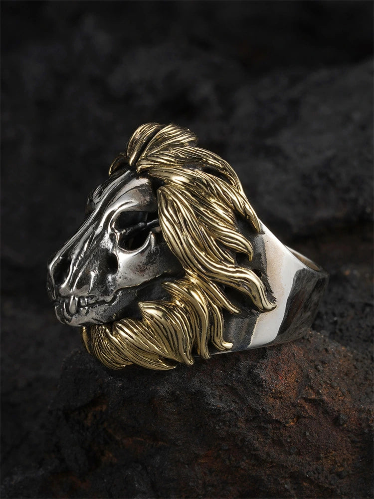 Golden Mane Lion Skull 925 Sterling Silver Biker Ring product view 2