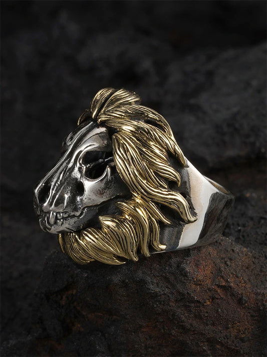 Golden Mane Lion Skull 925 Sterling Silver Biker Ring product view 2