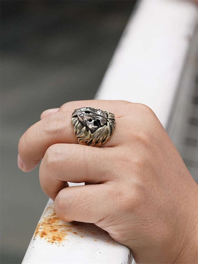Golden Mane Lion Skull 925 Sterling Silver Biker Ring product view 4