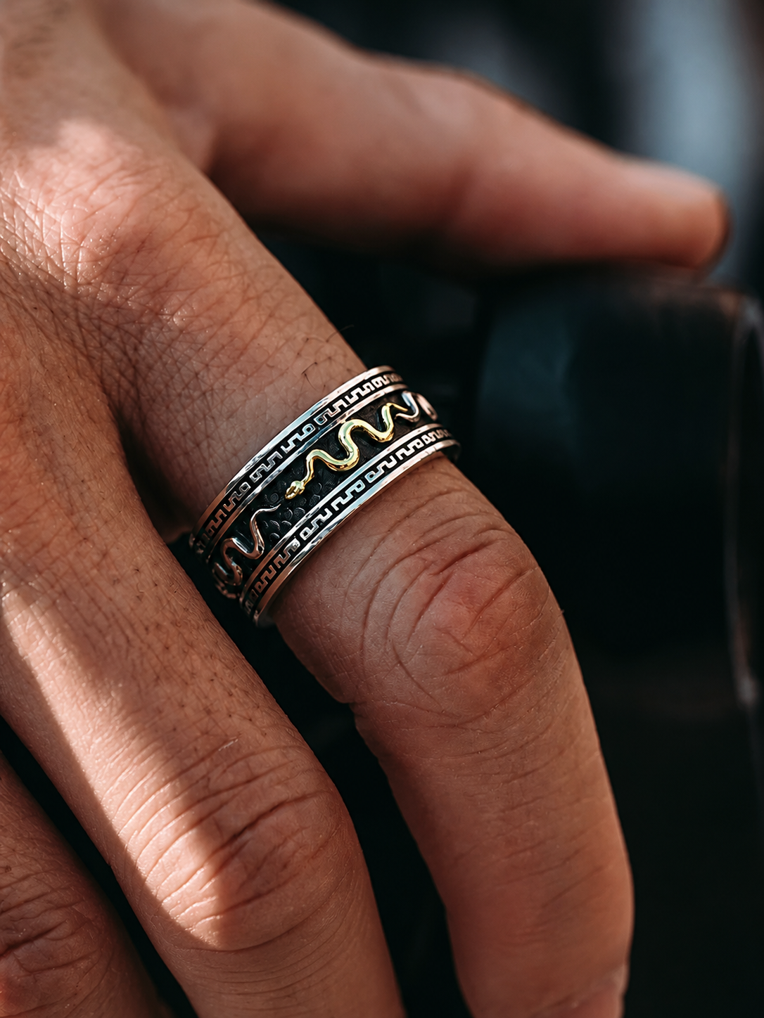Golden Snake Sterling Silver Biker Ring - product view 2