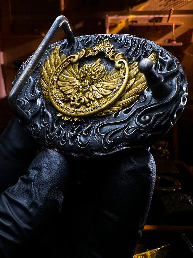Golden-Winged Roc Silver Crocodile Leather Biker Belt — alternate product view 2