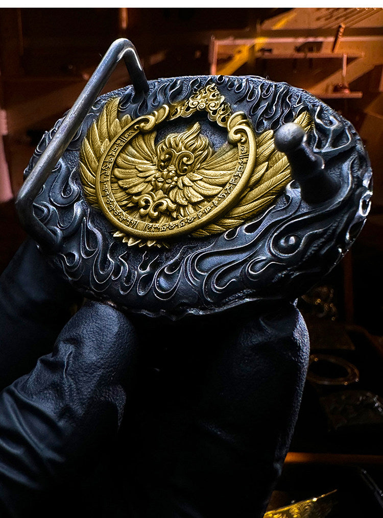 Golden-Winged Roc Silver Crocodile Leather Biker Belt — detail view 1