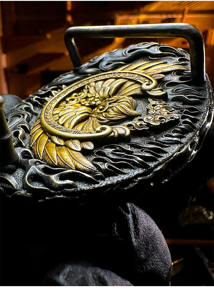 Golden-Winged Roc Silver Crocodile Leather Biker Belt — detail view 4