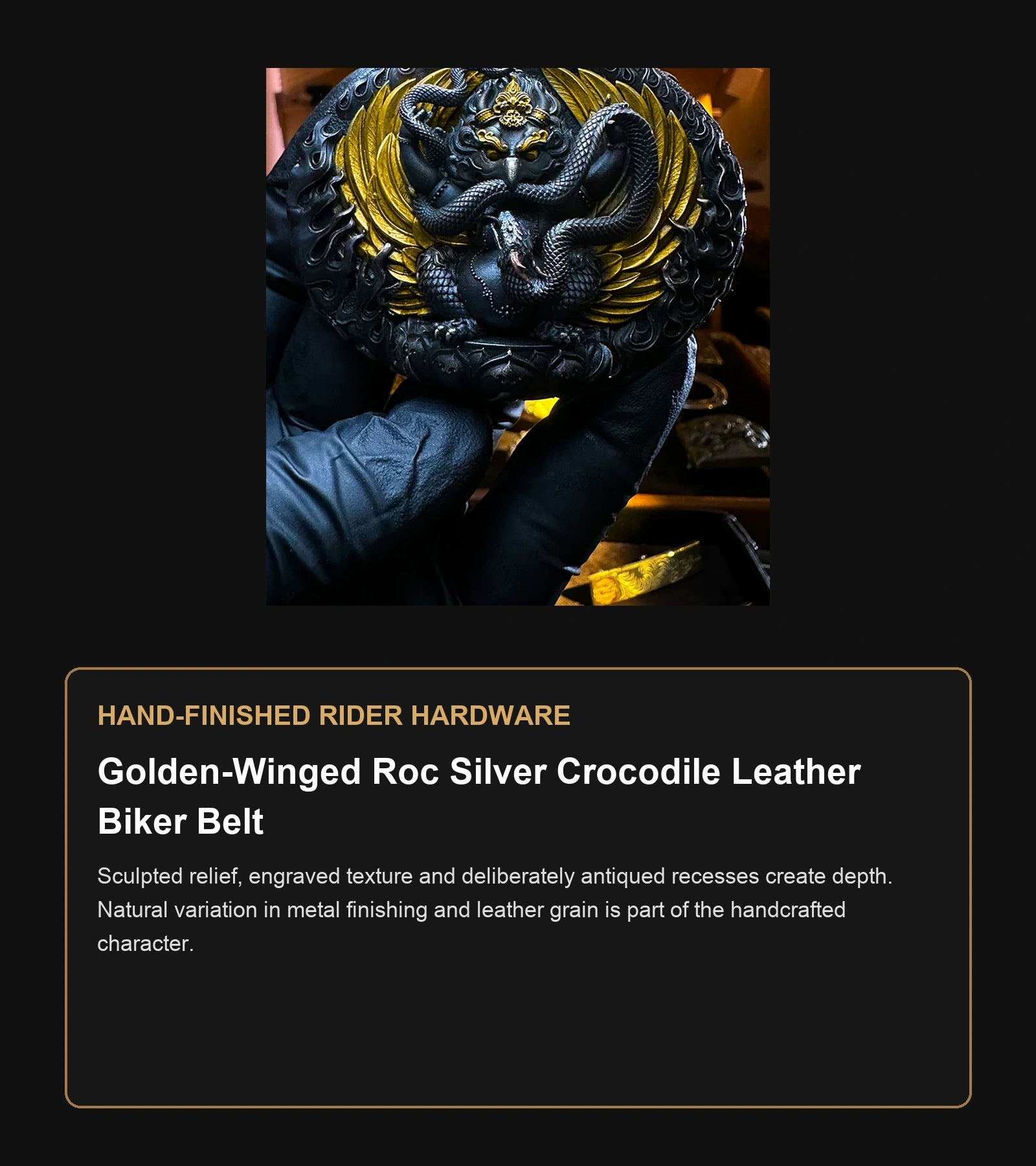 Golden-Winged Roc Silver Crocodile Leather Biker Belt craftsmanship guide in English