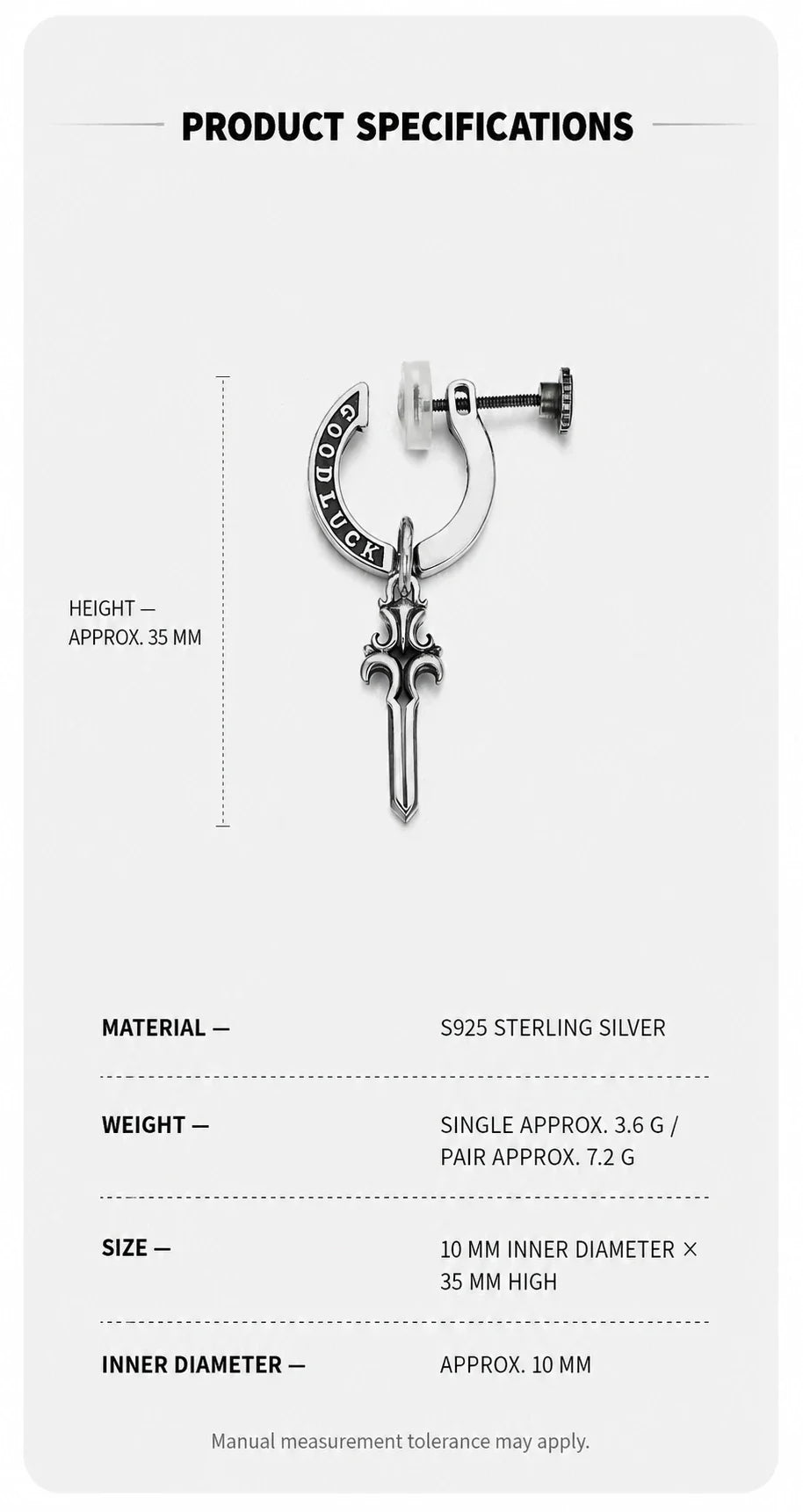 Sterling Silver Good Luck Sword Clip-On Earrings - size material and weight