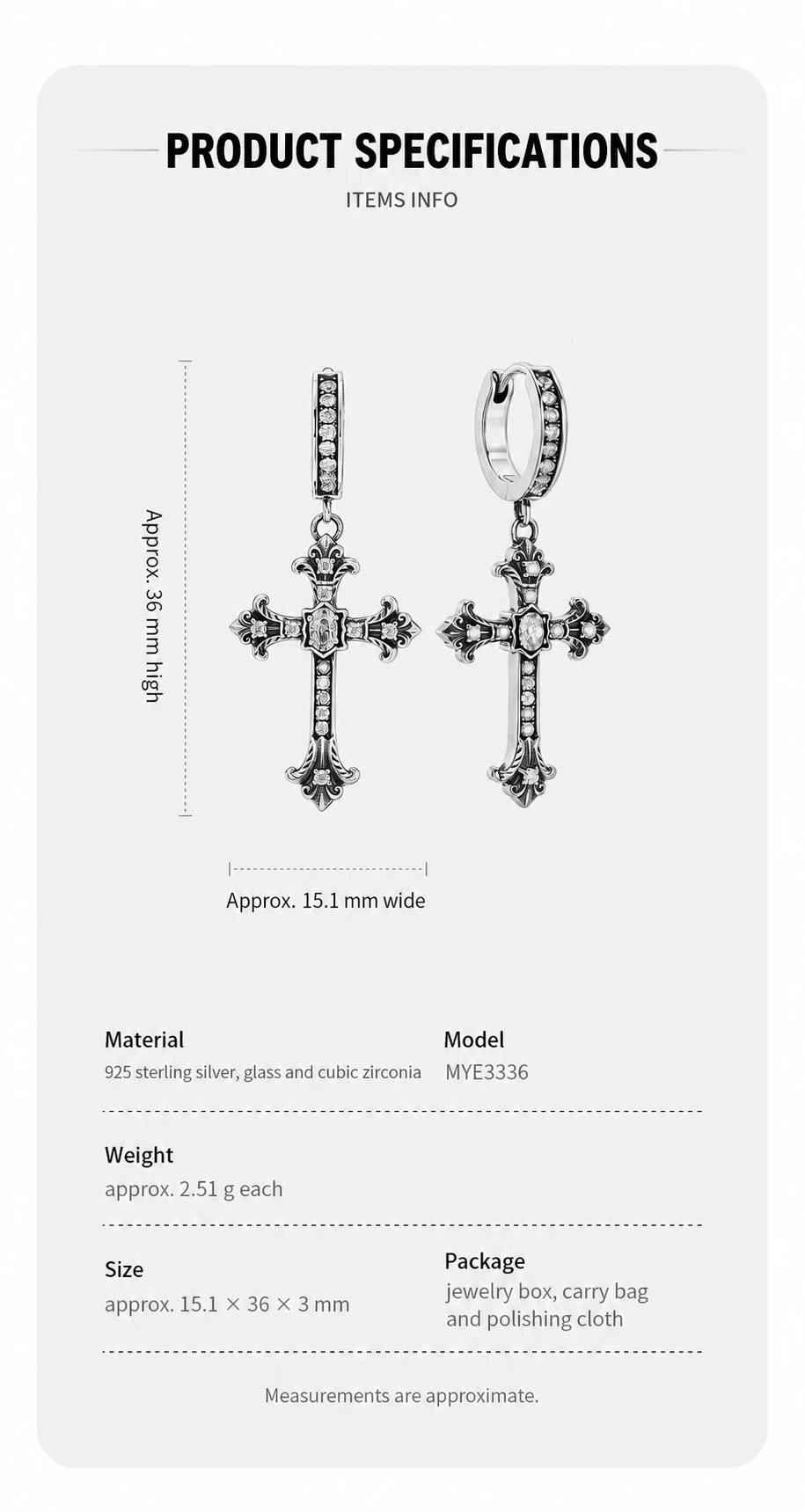 Gothic crystal cross drop earrings specifications in English