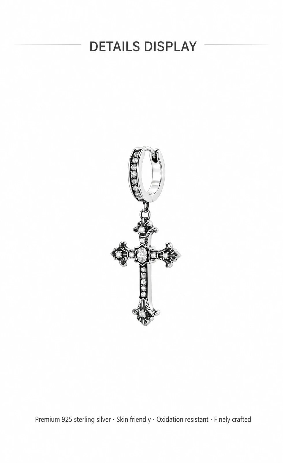 Gothic crystal cross drop earrings sterling silver details in English
