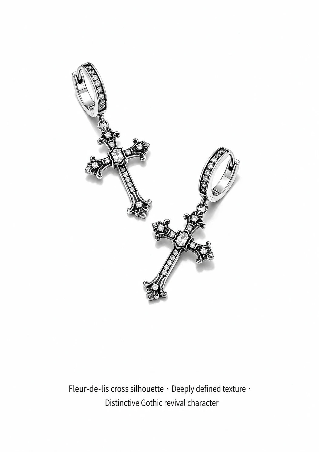 Gothic crystal cross drop earrings texture details in English