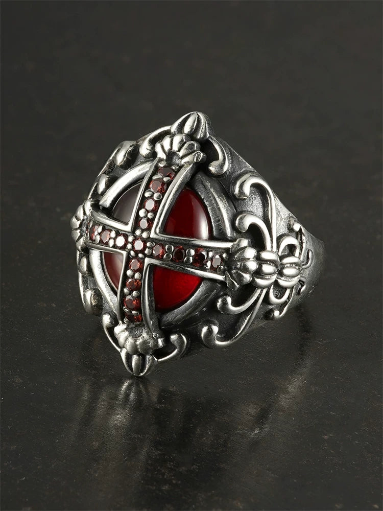 Gothic Red Cross 925 Sterling Silver Biker Ring product view 1