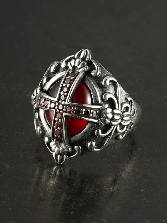 Gothic Red Cross 925 Sterling Silver Biker Ring product view 1