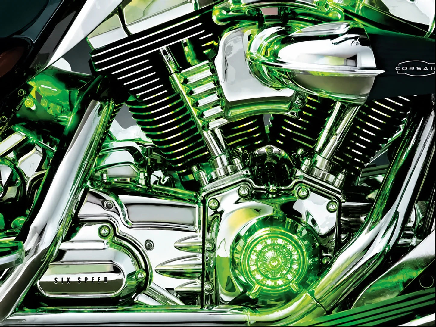 Green LED accent lighting installed on a chrome motorcycle engine