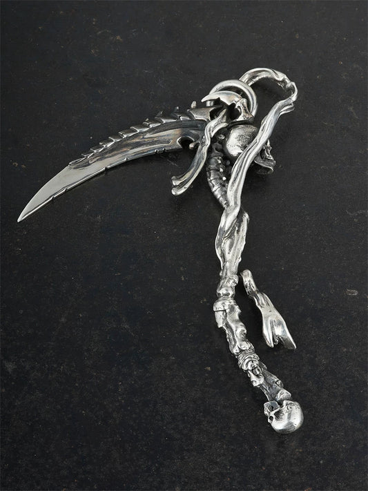 Reverse angle of skeleton grim reaper scythe silver pendant