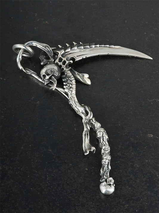 Front view of articulated grim reaper scythe sterling silver biker pendant