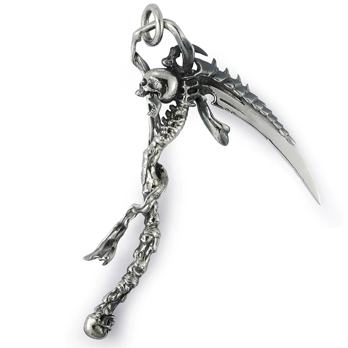 Full product view of articulated skeleton scythe silver pendant