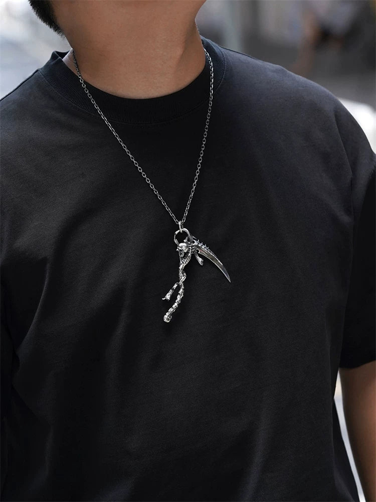 Grim reaper scythe sterling silver biker pendant worn on chain