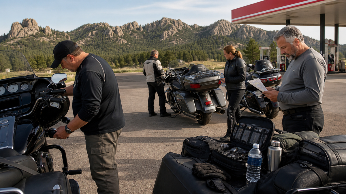 Motorcycle group using a fuel stop to check range, water, tools and the next regroup point