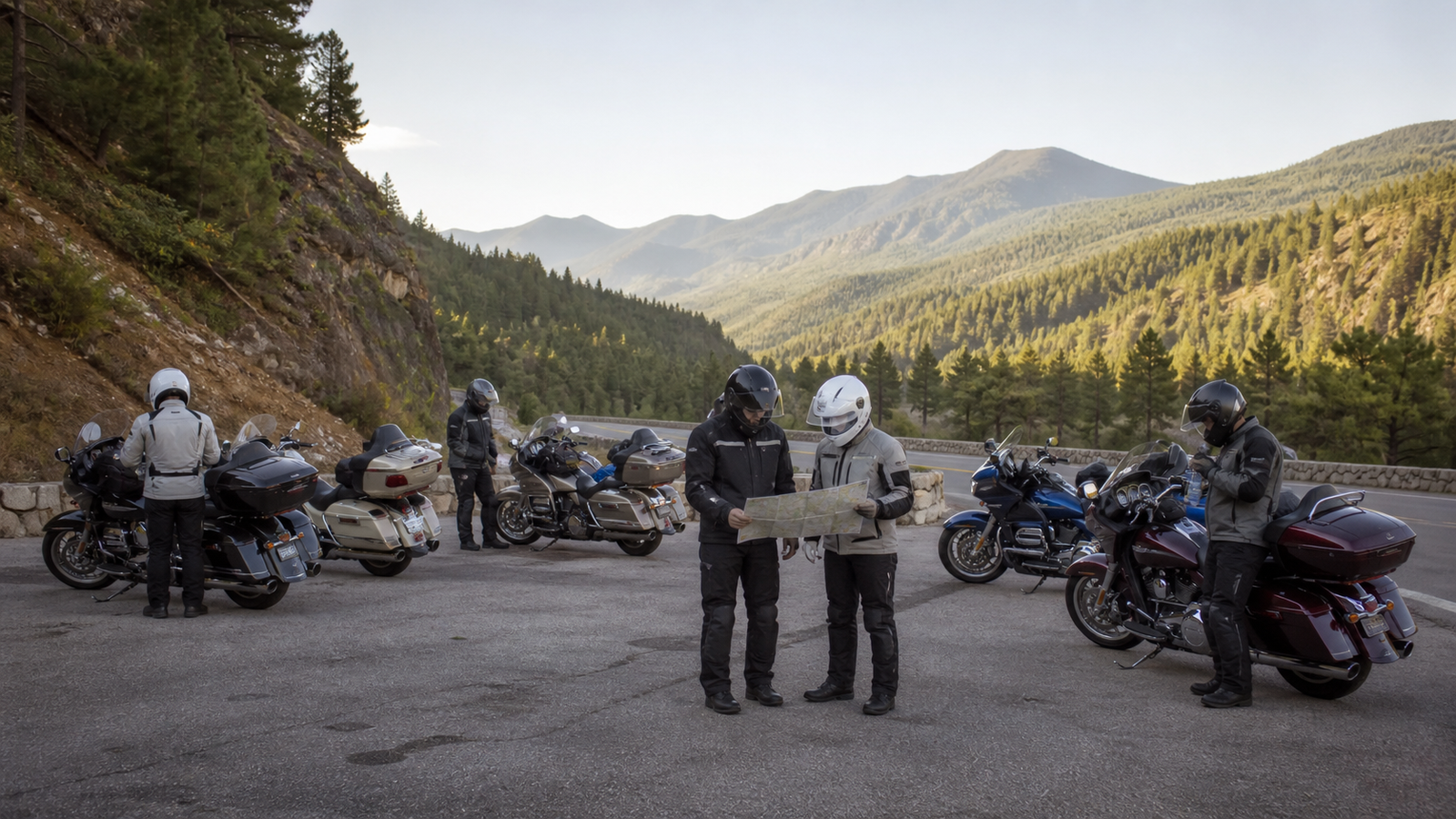 Motorcycle club riders safely regrouping at a paved Black Hills pullout
